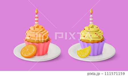 3d Cupcake with Candle Lemon and Orange Tastes Sweet Dessert Food Cartoon Style Isolated on a White Background. Vector illustration of Muffin with Cream 111571159