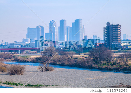 日本の東京都市景観 2月…二子玉川駅近くの多摩川や武蔵小杉駅前のタワーマンション群・奥＝14日 111571242
