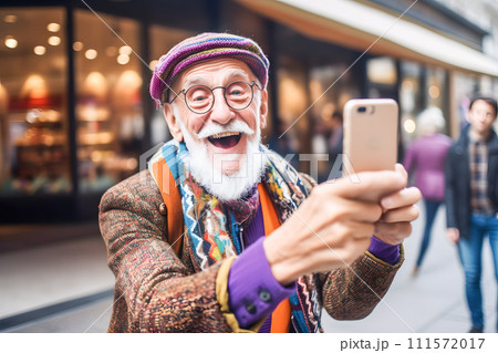 AI-generated content. funny senior grandfather make selfie at the streets ai generated art 111572017