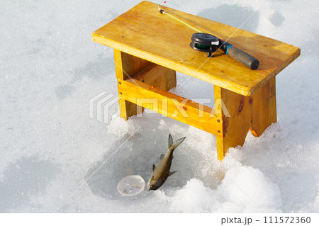 Ice fishing in Norway. Magnificent production of three grayling 111572360
