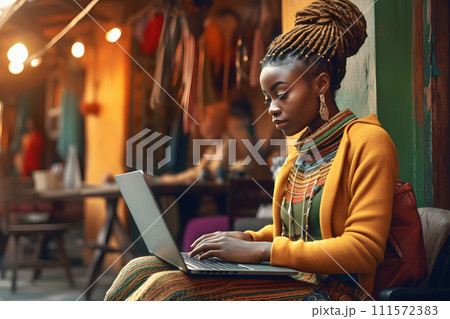 AI-generated content. African american businesswoman sitting at table in cafe. Black girl working 111572383