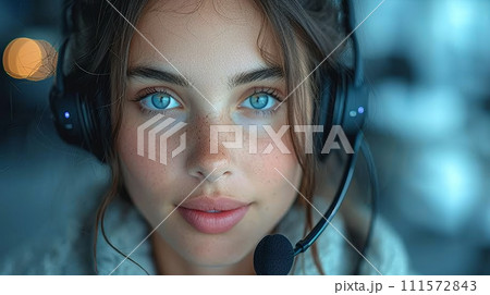 AI-generated content. In a call center, a woman wears a headset while working. 111572843