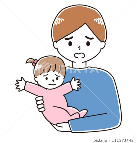 赤ちゃんを抱っこする不安な表情の男性のイラスト 111573448