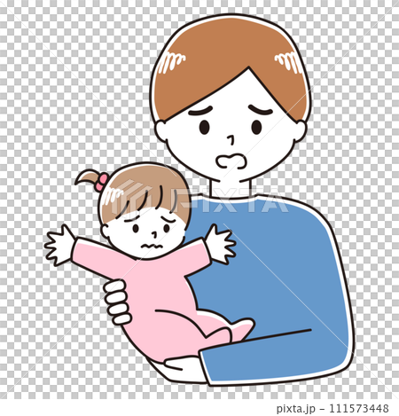 赤ちゃんを抱っこする不安な表情の男性のイラスト 111573448