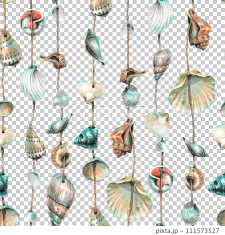 Various seashells are round, spiral, suspended on ropes. Marine garlands for decoration. Hand drawn watercolor illustration. Seamless pattern on a white background. Various seashells are round, spiral, suspended on ropes. Marine garlands for decoration. Hand drawn watercolor illustration. Seamless pattern on a white background. 111573527