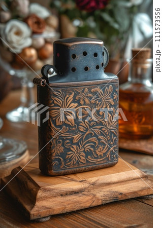 A vintage gasoline lighter for cigars stands on a stand on the table 111573556