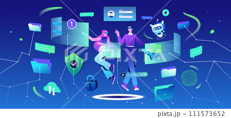 Flat people in VR goggles and ai robot in metaverse solve problem of data privacy 111573652