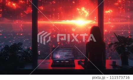 AI-generated content. IoT internet of things, marketing, big data, digital technology, futuristic metaverse, woman with modern computer surfing the internet. 111573716
