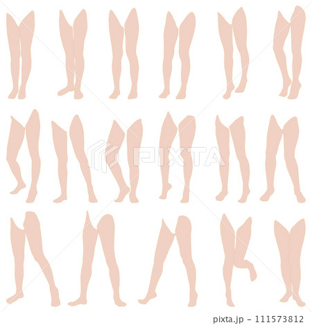 女性レッグモデルイラスト集06左斜め前。つま先から腰までのさまざまなポーズの脚のイラストのセット。 111573812