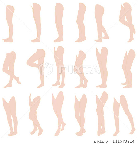 女性レッグモデルイラスト集05左横斜め前。つま先から腰までのさまざまなポーズの脚のイラストのセット。 111573814