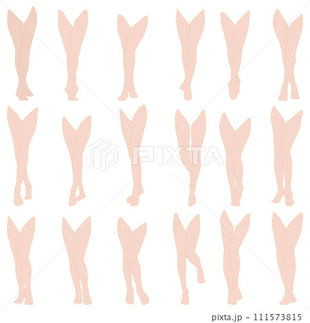女性レッグモデルイラスト集04正面左脚前。つま先から腰までのさまざまなポーズの脚のイラストのセット。 111573815