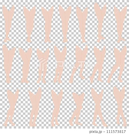 女性レッグモデルイラスト集03正面右脚前。つま先から腰までのさまざまなポーズの脚のイラストのセット。 111573817