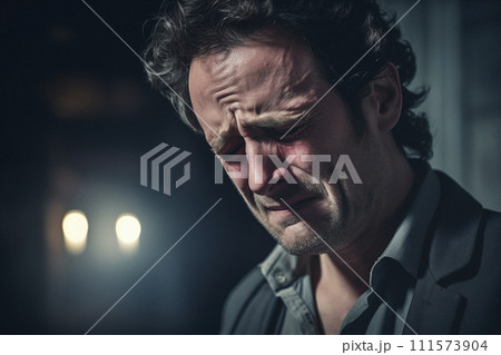 middle-aged man with stubble crying, generative AI 111573904