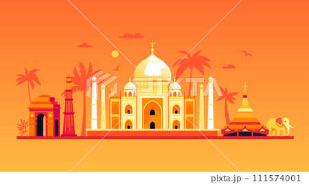 Sacred places and attributes of India - modern colored vector illustration 111574001
