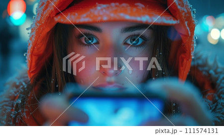 AI-generated content. Filming herself on her phone by a teenager 111574131