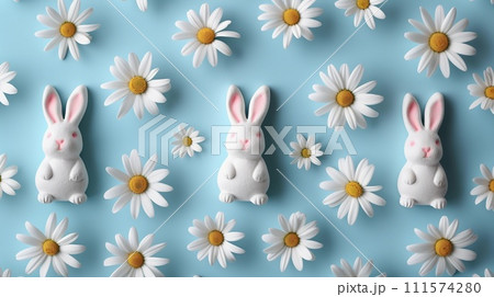 White Ceramic Bunnies and Chamomile Flowers in Blue Background. Pastel Easter Banner. AI Generated 111574280