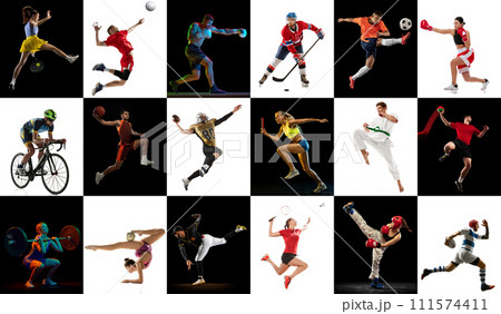 Collage made of concentrated people, men and women, athletes of different sports in motion during game over mosaic black and white background. Collage made of concentrated people, men and women, athletes of different sports in motion during game over mosaic black and white background. 111574411