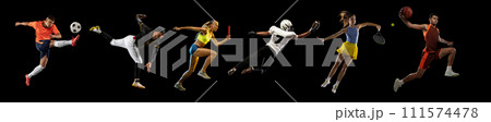 Collage made of various concentrated people, men and women, athletes of different sports in motion over black background 111574478