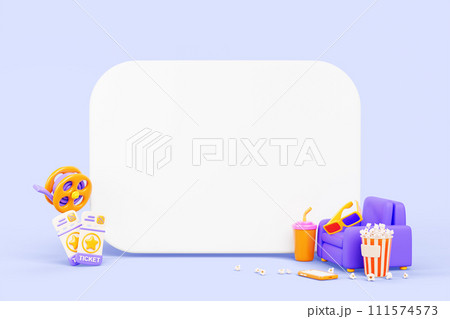 Cinema poster mockup with theater seat, 3d glasses, tickets, pop corn bucket, drink, film reel, smartphone icons for presentation movie. White board template, empty advertising banner. 3D illustration 111574573