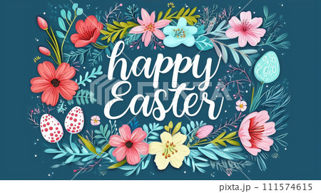 Easter greeting surrounded by a wreath of beautifully illustrated spring flowers and decorated egg 111574615