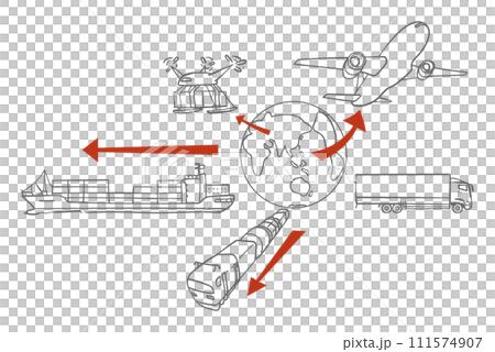 連結世界的交通網絡，動態物流，單色插畫素材 111574907