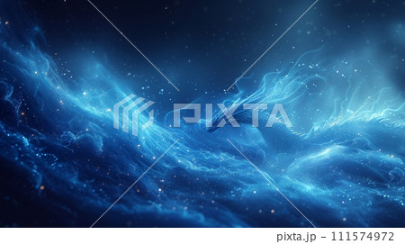 AI-generated content. Decorative abstract flying dragons on a dark blue background. Modern technology background for design about artificial intelligence, neural networks, or big data. 111574972