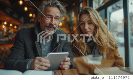 AI-generated content. Two business professionals, a mature Latino business man and a mature European business woman, discussing a project on a tablet at their office table. AI-generated content. Two business professionals, a mature Latino business man and a mature European business woman, discussing a project on a tablet at their office table. 111574973