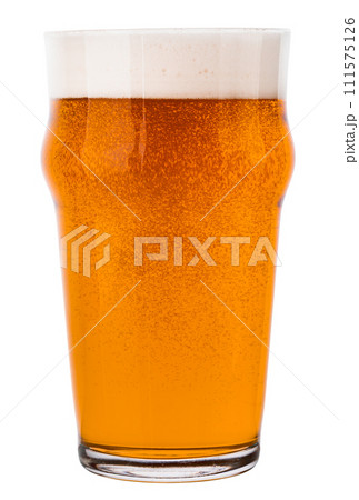 Bubbling beer in nonic pint glass isolated on white Bubbling beer in nonic pint glass isolated on white 111575126