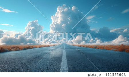 AI-generated content. Straight highway road isolated with clouds in 3D. Motorway creative design advertisement. Bending road isolated, road ads in 3D. 111575698