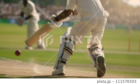 AI-generated content. Cropped image of male legs, cricket players in white uniform playing, hitting ball with bat on cricket filed. 111576503