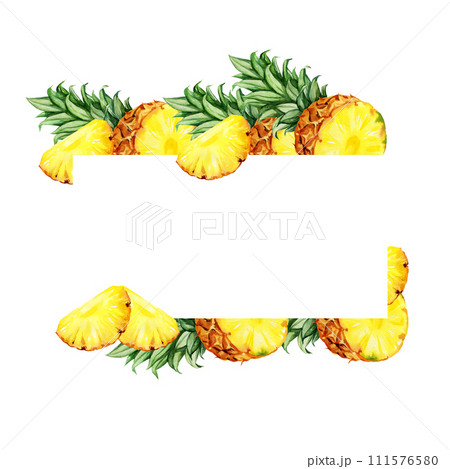 watercolor hand drawn illustration of pineapple with half and slices ripe pineapple, sketch of tropical fruit, food illustration isolated on white background 111576580