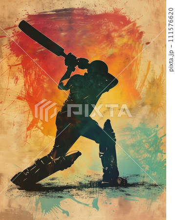 AI-generated content. Abstract silhouette of cricket batsman with colorful splash effect. Promotional creative poster for cricket game event 111576620