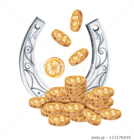 Silver horseshoe for St. Patrick's Day with gold coins hand drawn in watercolor. Isolated white background. Good luck sign, symbol. For design, web, flyers Silver horseshoe for St. Patrick's Day with gold coins hand drawn in watercolor. Isolated white background. Good luck sign, symbol. For design, web, flyers 111576930