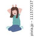 A cheerful, smiling young woman, the girl sits on her knees and holds her hands above her head like the ears of a hare. Vector illustration in flat style. 111577237
