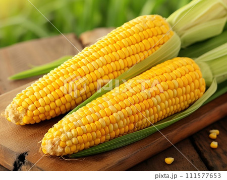 Heads of raw corn wooden background Heads of raw corn wooden background 111577653