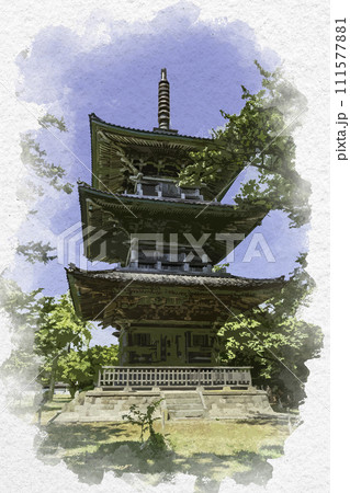 水彩画風 上越 五智国分寺 三重塔 新潟県上越市 水彩画風 上越 五智国分寺 三重塔 新潟県上越市 111577881