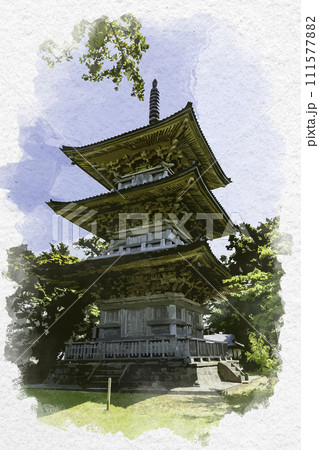 水彩画風 上越 五智国分寺 三重塔 新潟県上越市 水彩画風 上越 五智国分寺 三重塔 新潟県上越市 111577882