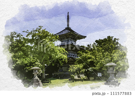 水彩画風　上越　五智国分寺　三重塔　新潟県上越市 111577883