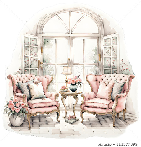 Watercolor illustration of an old country house interior . Illustration or a summer garden. Design for baby shower party, birthday, cake, holiday celebration design, greetings card, invitation. 111577899