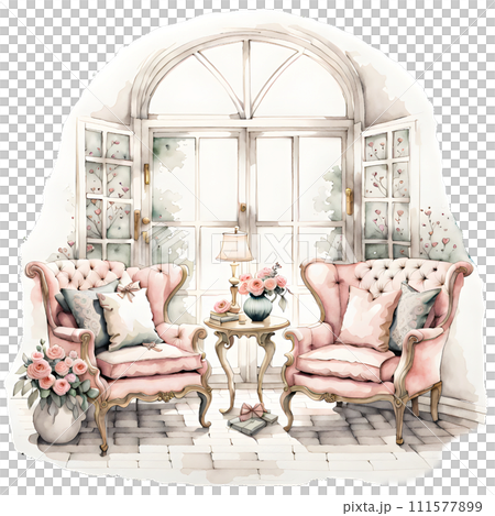 Watercolor illustration of an old country house interior . Illustration or a summer garden. Design for baby shower party, birthday, cake, holiday celebration design, greetings card, invitation. 111577899
