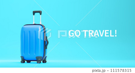 Go Travel Concept. 3D Cute Cartoon Plastic Blue Suitcase on Turquoise Background. Design Element for Travel, Adventure, Tourism, Trip Concept. Vector Illustration of 3D Render. 111578315