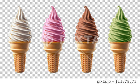 ソフトクリーム(バニラ、ストロベリー、チョコレート、抹茶)、 PNG ファイル。 111578373