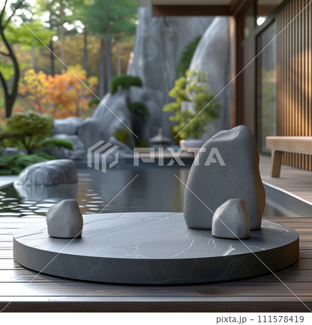 blank stone podium against the backdrop of an oriental garden blank stone podium against the backdrop of an oriental garden 111578419