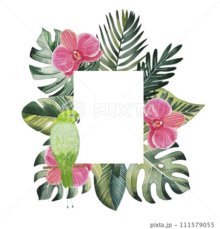 Hand drawn frame with tropical leaves,parrot and flowers, watercolor Hand drawn frame with tropical leaves,parrot and flowers, watercolor 111579055