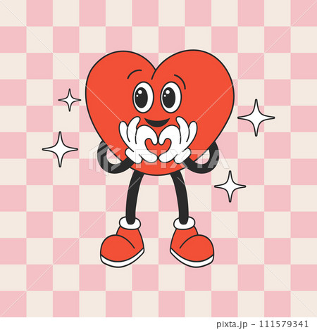 Heart funny cartoon character on retro background. Cartoon mascot heart. Fashionable smiley face in retro style. Vector 111579341