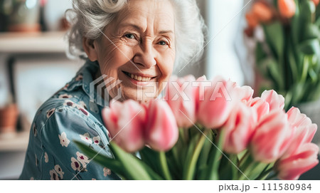 AI-generated content. Joyful elderly woman with bouquet of tulips, radiating happiness warmth. Mother's Day, March 8, Senior Citizens' Day 111580984
