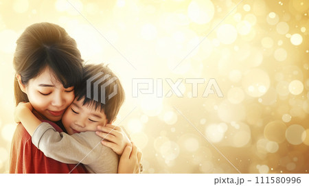 AI-generated content. Asian mother hugs her little son tightly, their faces touching tenderly, motherhood, family relationships, Mother's Day 111580996