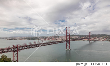 Panorama showing Lisbon cityscape and Tagus river timelapse with 25 of April bridge 111581151