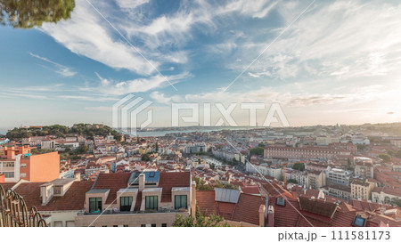Panorama showing Lisbon famous aerial view from Miradouro da Senhora do Monte tourist viewpoint timelapse 111581173
