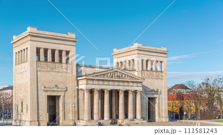 Propylaea or Propylaen timelapse from above. Monumental city gate in Konigsplatz, Munich, Germany, Europe. Propylaea or Propylaen timelapse from above. Monumental city gate in Konigsplatz, Munich, Germany, Europe. 111581243